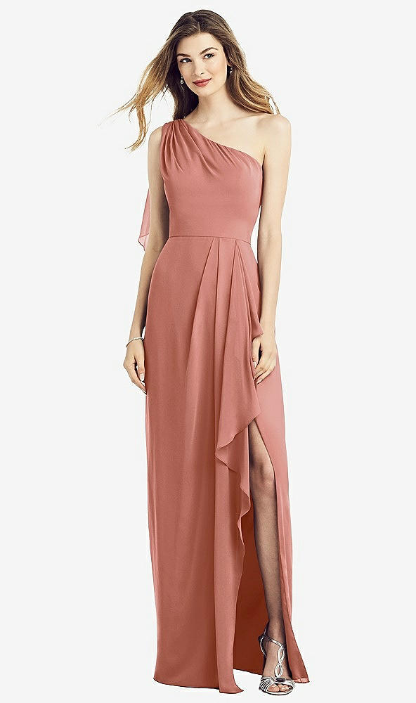 Front View - Desert Rose One-Shoulder Chiffon Dress with Draped Front Slit
