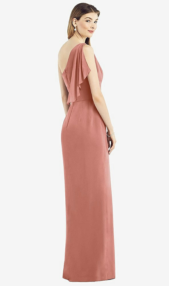 Back View - Desert Rose One-Shoulder Chiffon Dress with Draped Front Slit