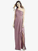 Front View Thumbnail - Dusty Rose One-Shoulder Chiffon Dress with Draped Front Slit