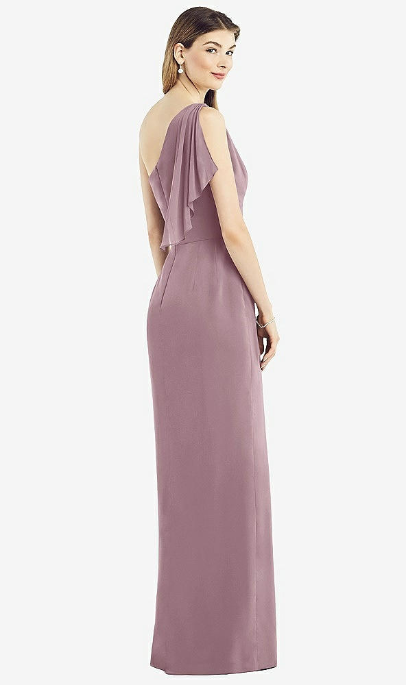Back View - Dusty Rose One-Shoulder Chiffon Dress with Draped Front Slit