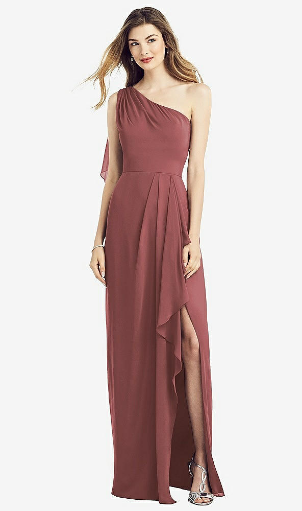 Front View - English Rose One-Shoulder Chiffon Dress with Draped Front Slit