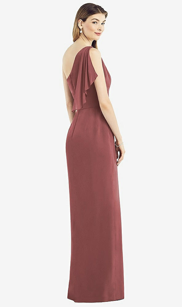 Back View - English Rose One-Shoulder Chiffon Dress with Draped Front Slit