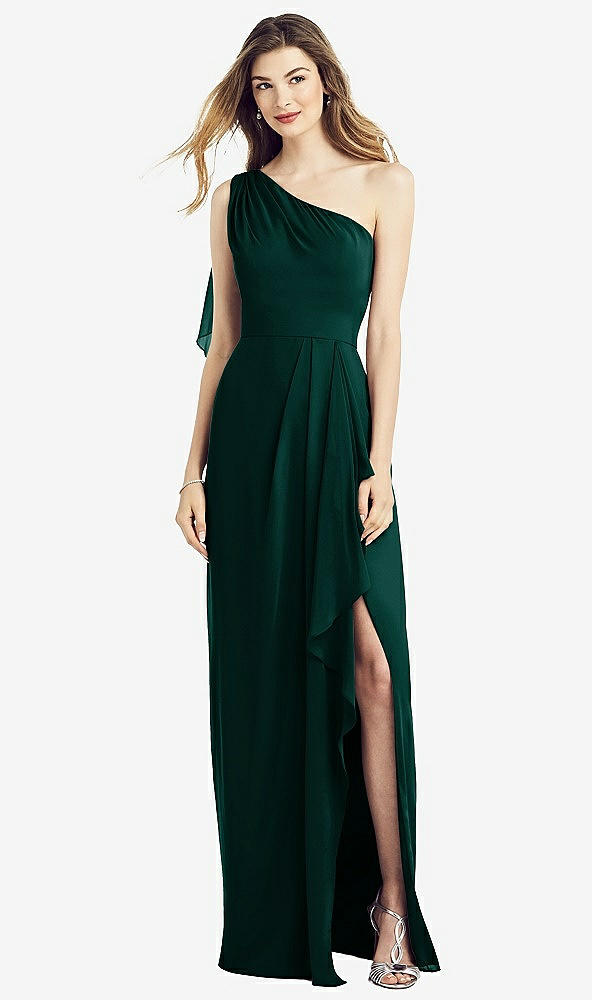 Front View - Evergreen One-Shoulder Chiffon Dress with Draped Front Slit