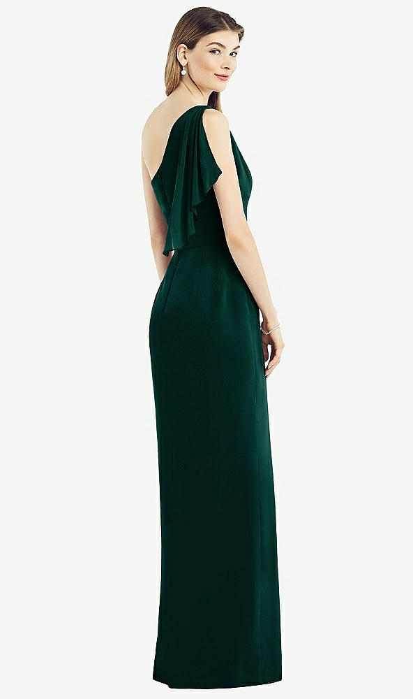 Back View - Evergreen One-Shoulder Chiffon Dress with Draped Front Slit