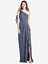 Alt View 1 Thumbnail - French Blue One-Shoulder Chiffon Dress with Draped Front Slit