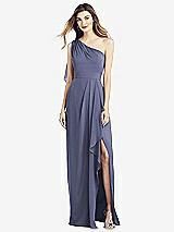 Front View Thumbnail - French Blue One-Shoulder Chiffon Dress with Draped Front Slit
