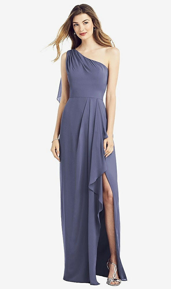 Front View - French Blue One-Shoulder Chiffon Dress with Draped Front Slit