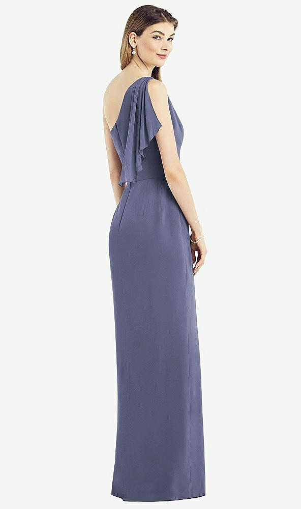 Back View - French Blue One-Shoulder Chiffon Dress with Draped Front Slit