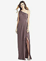 Front View Thumbnail - French Truffle One-Shoulder Chiffon Dress with Draped Front Slit