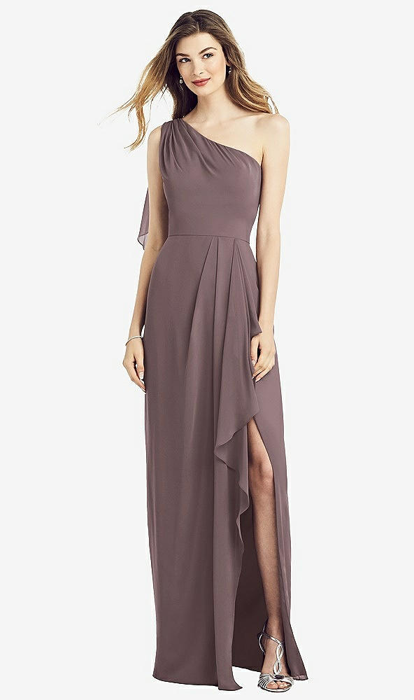 Front View - French Truffle One-Shoulder Chiffon Dress with Draped Front Slit