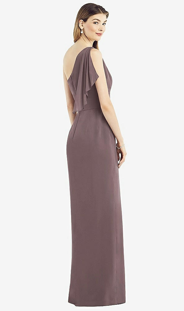 Back View - French Truffle One-Shoulder Chiffon Dress with Draped Front Slit