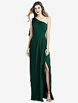 Front View Thumbnail - Hunter Green One-Shoulder Chiffon Dress with Draped Front Slit