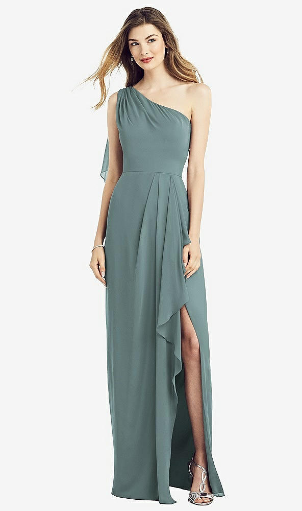 Front View - Icelandic One-Shoulder Chiffon Dress with Draped Front Slit