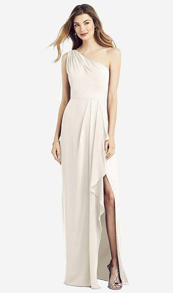 Front View - Ivory One-Shoulder Chiffon Dress with Draped Front Slit