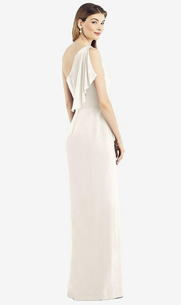 Back View - Ivory One-Shoulder Chiffon Dress with Draped Front Slit