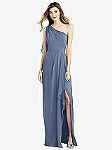Front View Thumbnail - Larkspur Blue One-Shoulder Chiffon Dress with Draped Front Slit