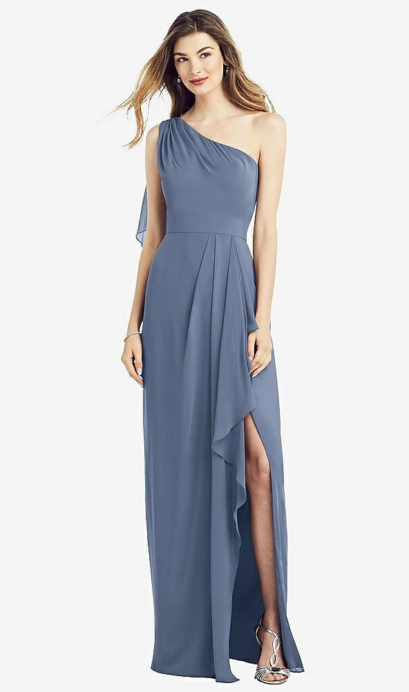 Front View - Larkspur Blue One-Shoulder Chiffon Dress with Draped Front Slit