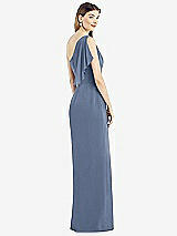 Rear View Thumbnail - Larkspur Blue One-Shoulder Chiffon Dress with Draped Front Slit