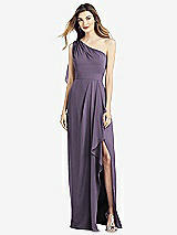 Front View Thumbnail - Lavender One-Shoulder Chiffon Dress with Draped Front Slit