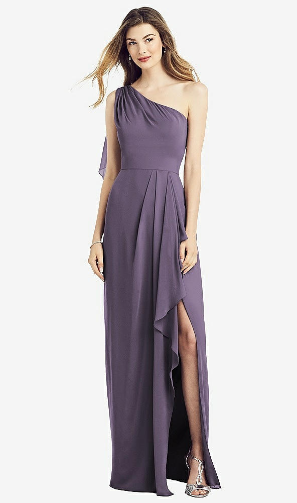 Front View - Lavender One-Shoulder Chiffon Dress with Draped Front Slit