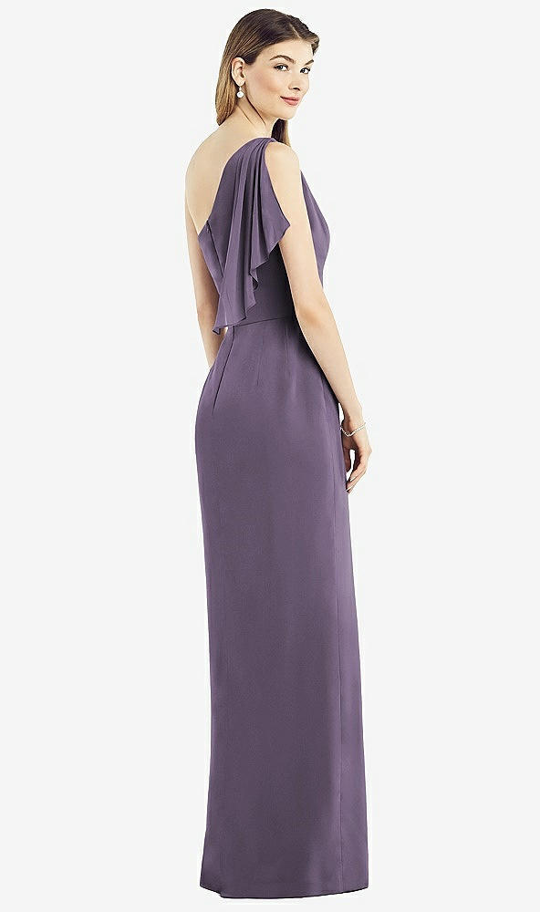 Back View - Lavender One-Shoulder Chiffon Dress with Draped Front Slit