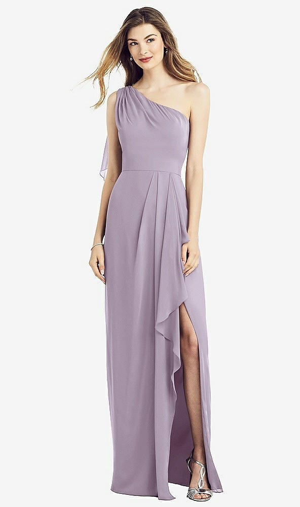 Front View - Lilac Haze One-Shoulder Chiffon Dress with Draped Front Slit