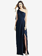 Front View Thumbnail - Midnight Navy One-Shoulder Chiffon Dress with Draped Front Slit
