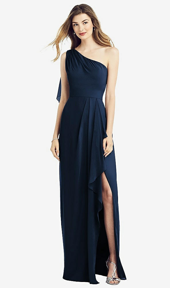 Front View - Midnight Navy One-Shoulder Chiffon Dress with Draped Front Slit