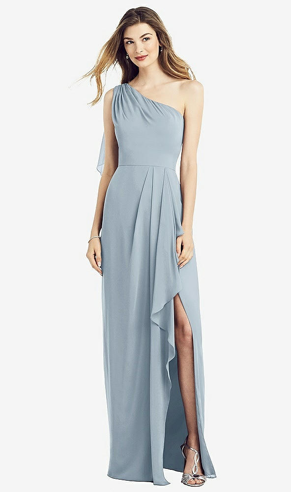 Front View - Mist One-Shoulder Chiffon Dress with Draped Front Slit