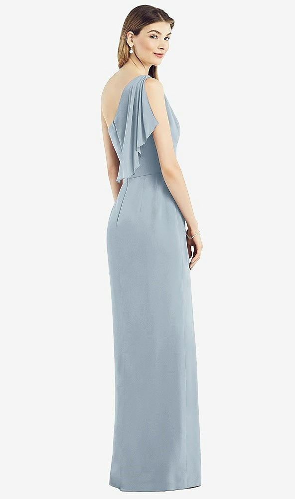 Back View - Mist One-Shoulder Chiffon Dress with Draped Front Slit