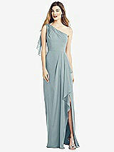 Alt View 1 Thumbnail - Morning Sky One-Shoulder Chiffon Dress with Draped Front Slit