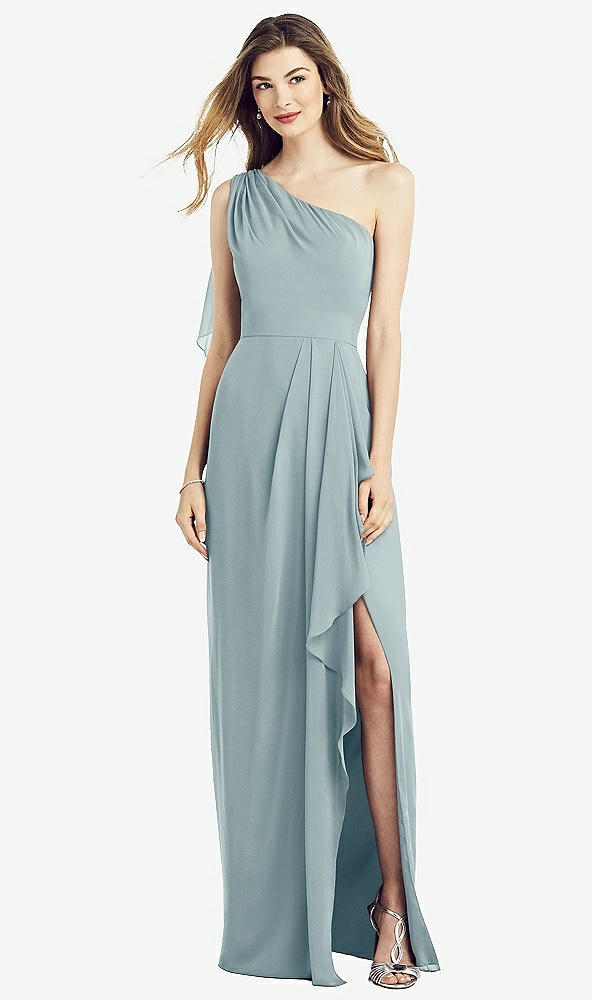 Front View - Morning Sky One-Shoulder Chiffon Dress with Draped Front Slit