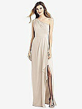 Front View Thumbnail - Oat One-Shoulder Chiffon Dress with Draped Front Slit