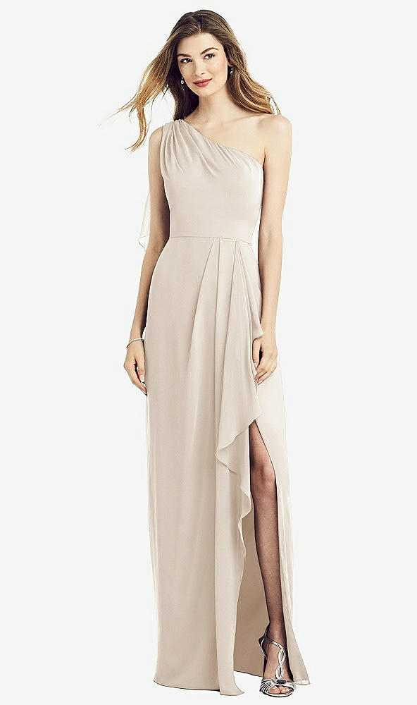 Front View - Oat One-Shoulder Chiffon Dress with Draped Front Slit