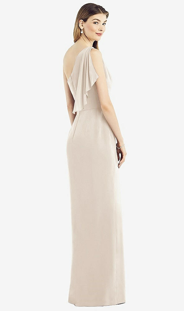 Back View - Oat One-Shoulder Chiffon Dress with Draped Front Slit