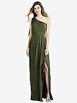 Front View Thumbnail - Olive Green One-Shoulder Chiffon Dress with Draped Front Slit