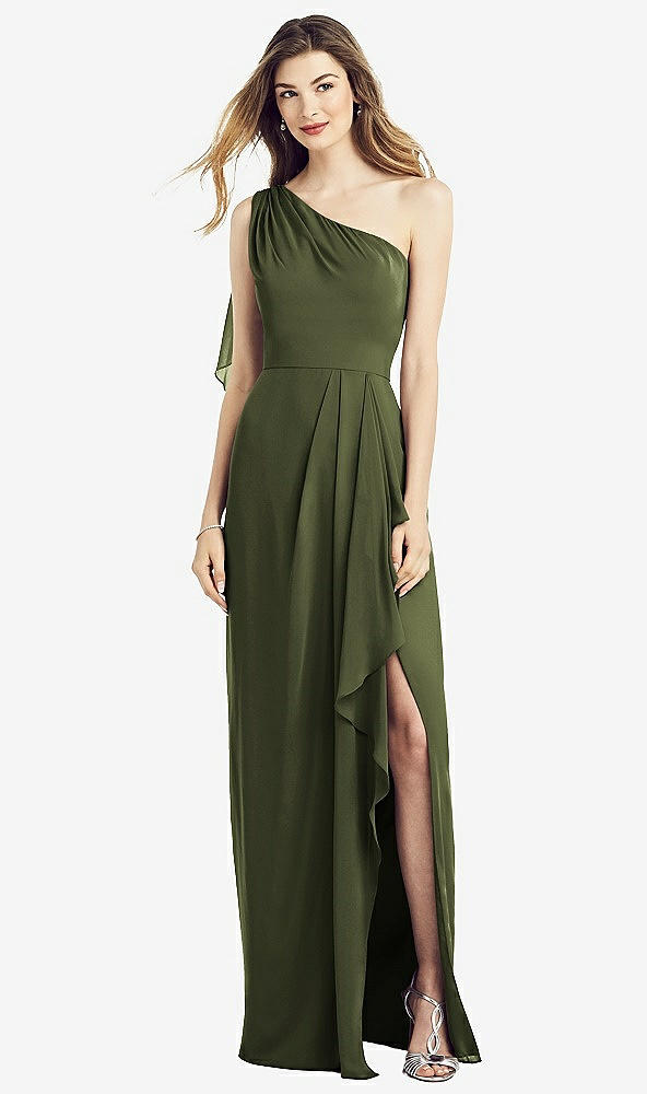 Front View - Olive Green One-Shoulder Chiffon Dress with Draped Front Slit