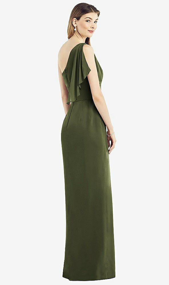 Back View - Olive Green One-Shoulder Chiffon Dress with Draped Front Slit