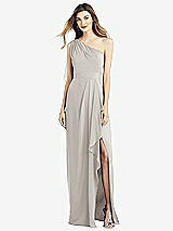 Front View Thumbnail - Oyster One-Shoulder Chiffon Dress with Draped Front Slit