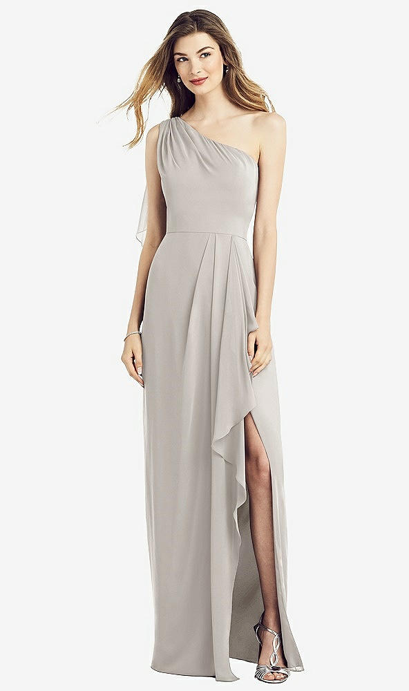 Front View - Oyster One-Shoulder Chiffon Dress with Draped Front Slit