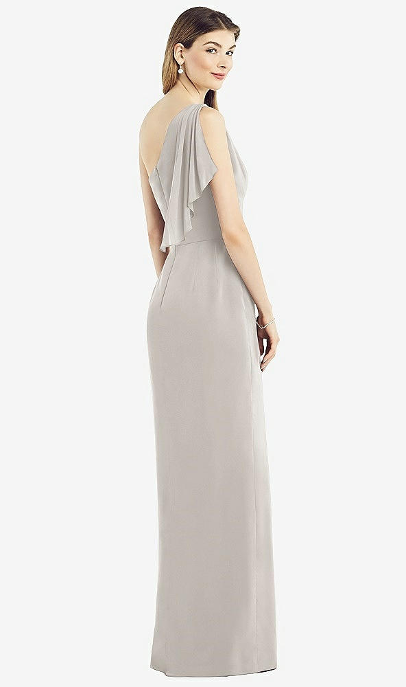Back View - Oyster One-Shoulder Chiffon Dress with Draped Front Slit