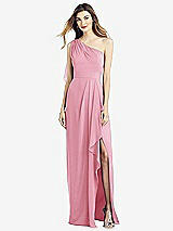 Front View Thumbnail - Peony Pink One-Shoulder Chiffon Dress with Draped Front Slit