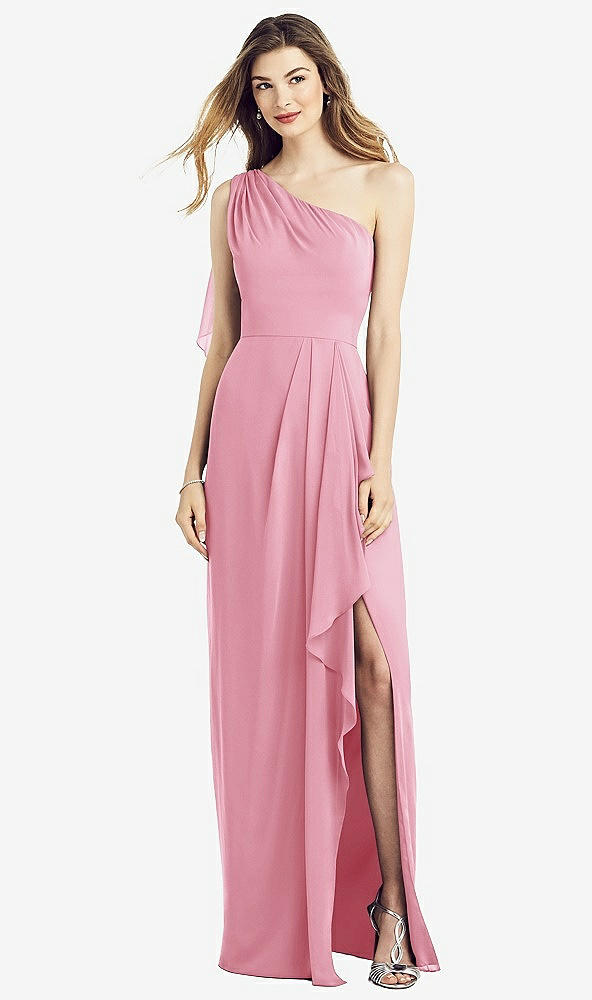 Front View - Peony Pink One-Shoulder Chiffon Dress with Draped Front Slit