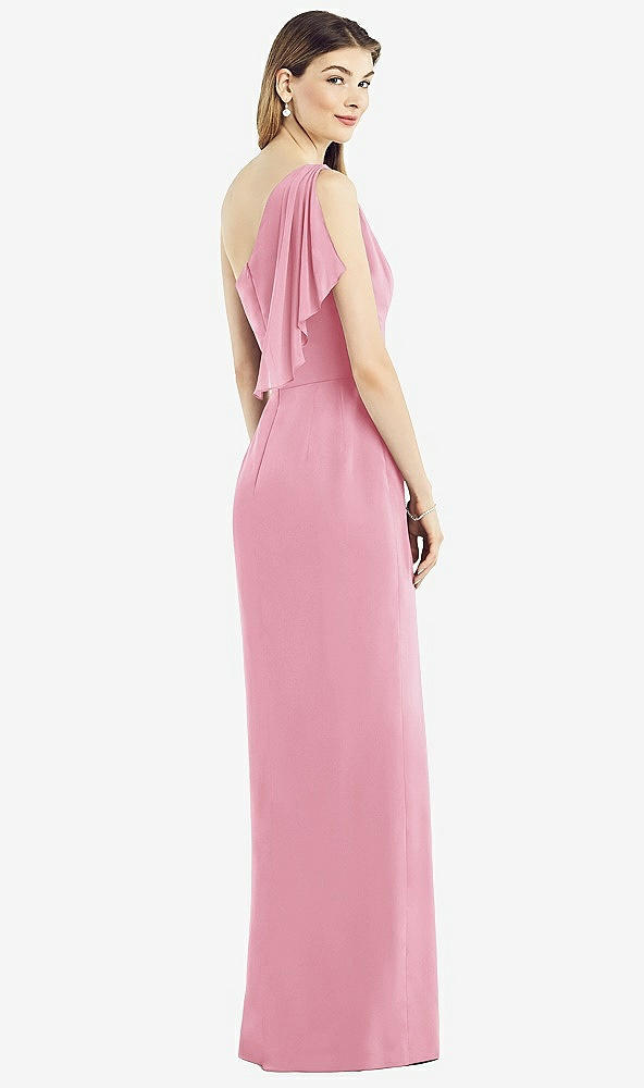 Back View - Peony Pink One-Shoulder Chiffon Dress with Draped Front Slit
