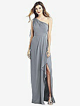 Front View Thumbnail - Platinum One-Shoulder Chiffon Dress with Draped Front Slit