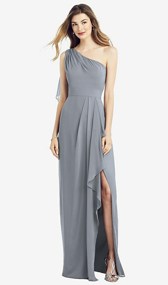Front View - Platinum One-Shoulder Chiffon Dress with Draped Front Slit