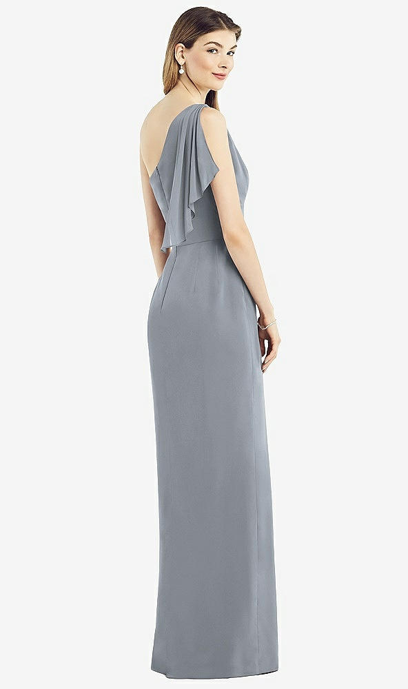 Back View - Platinum One-Shoulder Chiffon Dress with Draped Front Slit