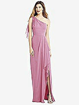 Alt View 1 Thumbnail - Powder Pink One-Shoulder Chiffon Dress with Draped Front Slit