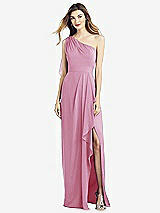 Front View Thumbnail - Powder Pink One-Shoulder Chiffon Dress with Draped Front Slit