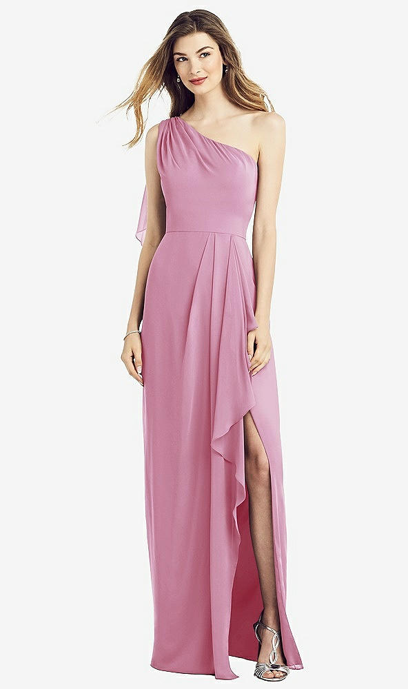 Front View - Powder Pink One-Shoulder Chiffon Dress with Draped Front Slit